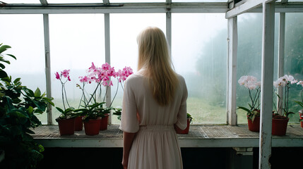 Woman with Albinism Tending to Flowers in a Greenhouse with Soft Light and Misty Background