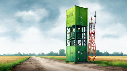 Telecommunication tower rural landscape digital art overcast sky ground view connectivity and technology