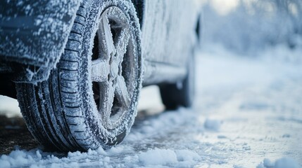 Winter driving safety: close up of snowy car tire on icy road promoting seasonal vehicle maintenance and precaution 