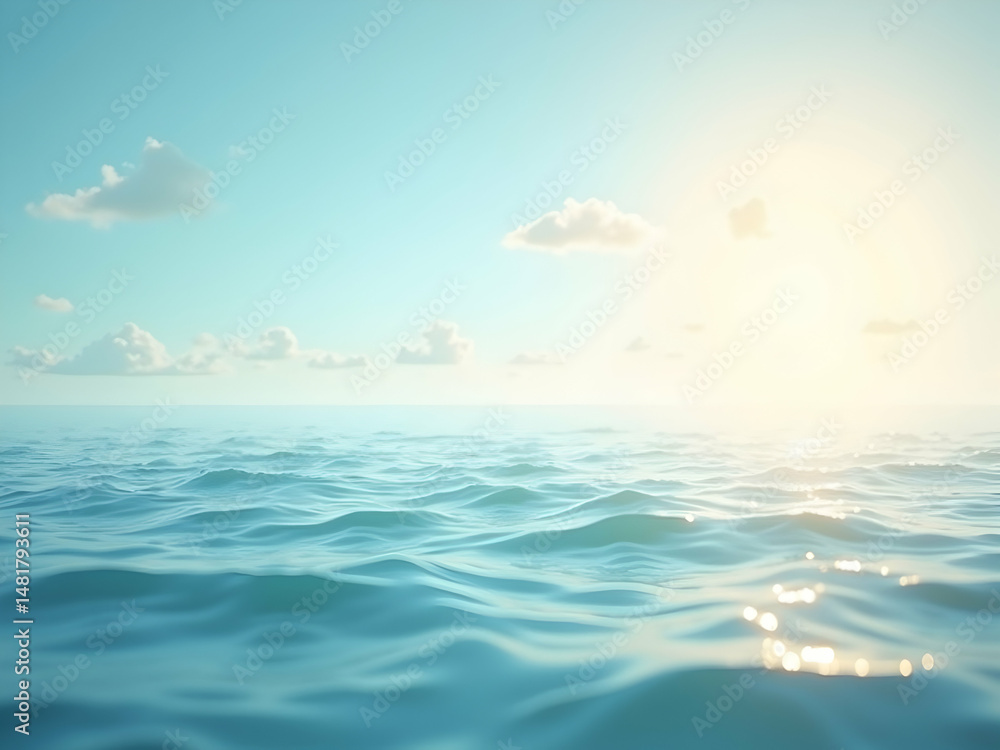 Poster serene ocean view with soft, gentle waves under a bright sky creating a tranquil and calming seascap