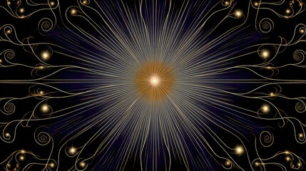 Fototapeta premium Abstract golden sunburst design with intricate swirling lines and glowing elements on a dark background for use in artistic and creative projects