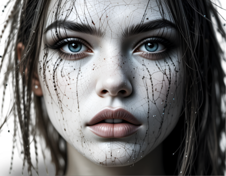 Portrait of Woman with Cracked Skin and Blue Eyes in Artistic Style