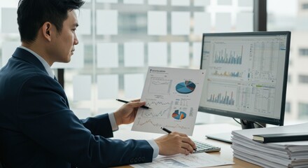 Asian professional analyzing financial data charts on computer and paperwork