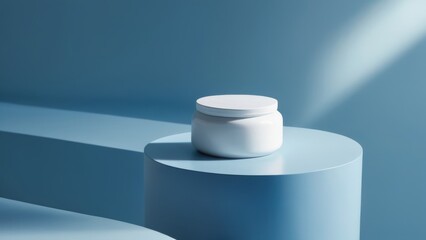 Minimalistic White Jar on Blue Pedestal with Abstract Design, Creating a Modern and Dreamy Atmosphere