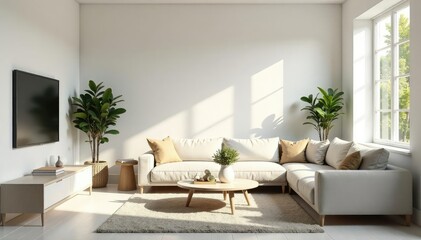 Bright, airy minimalist living room with simple furniture and decor Sunlight streams through large window , bright, cozy