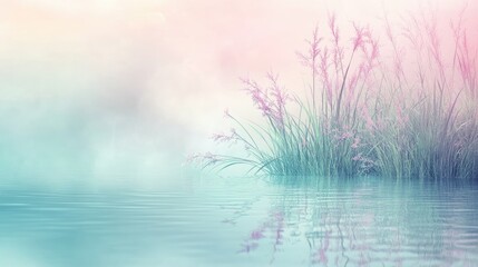 Tranquil Lake With Reeds Under A Pastel Sky, Reflecting Nature'S Serene Beauty. Perfect For Peaceful Backgrounds.