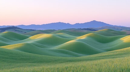 Obraz premium Rolling hills of vibrant green grass, bathed in soft morning light, meet distant mountains