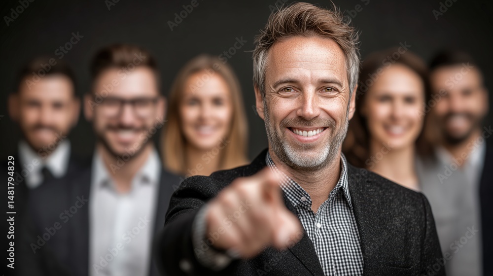 Aufkleber a confident man in business attire points at the camera while standing in front of a smiling team of