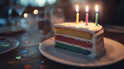 A vibrant layered cake with rainbow frosting features lit candles on top, placed on a white plate amidst colorful confetti, ready to celebrate a birthday