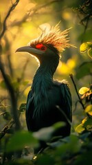 Obraz premium Striking bird with bright red eyes and spiky sunlit plumage stands amongst green leaves