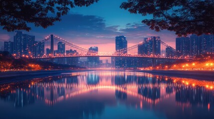 Fototapeta premium A vibrant cityscape at dusk reflected in a tranquil river.