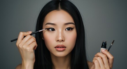 Obraz premium Photo of Young Asian Woman Applying Eyeliner