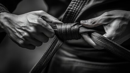 Naklejka premium Hands tying martial arts belt black belt karate taekwondo judo aikido training self defense discipline fitness strength honor respect tradition achievement tying knot