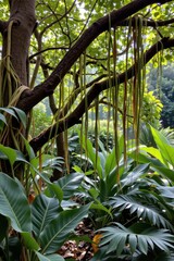 a grove with hanging vines and layered shade conceals camouflaged jungle wildlife.