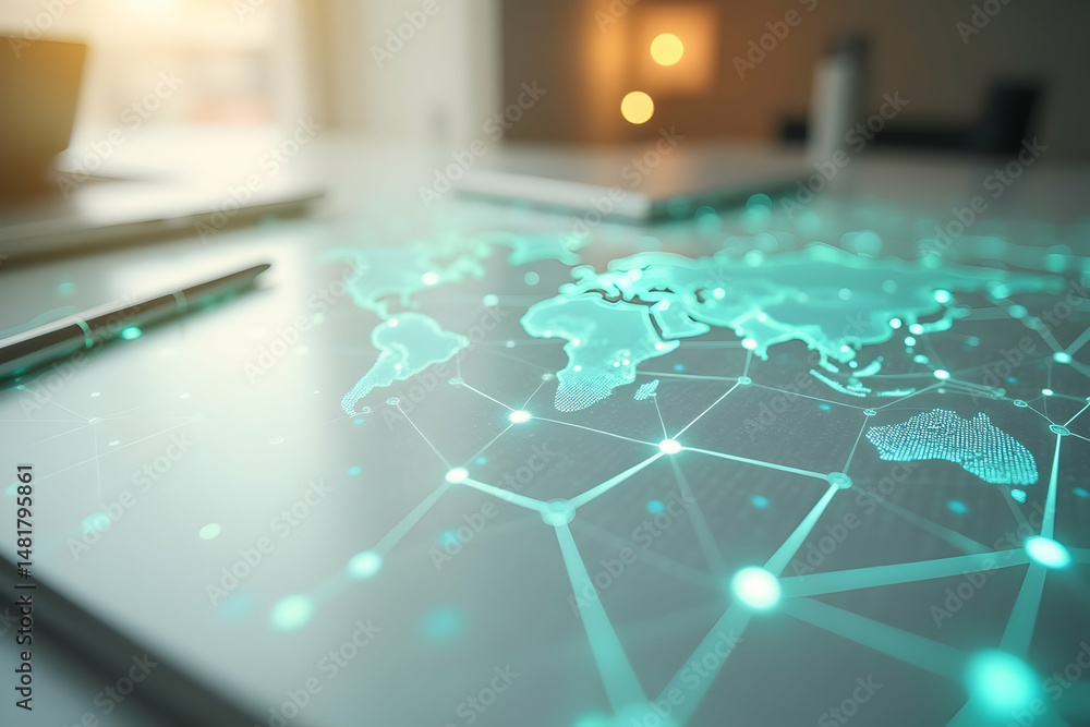 Poster serene workspace, a softly blurred view of global connectivity and modern technology integration wit