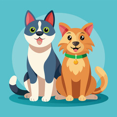 Playful dog and cat duo sitting together in a cheerful flat design style vector art 