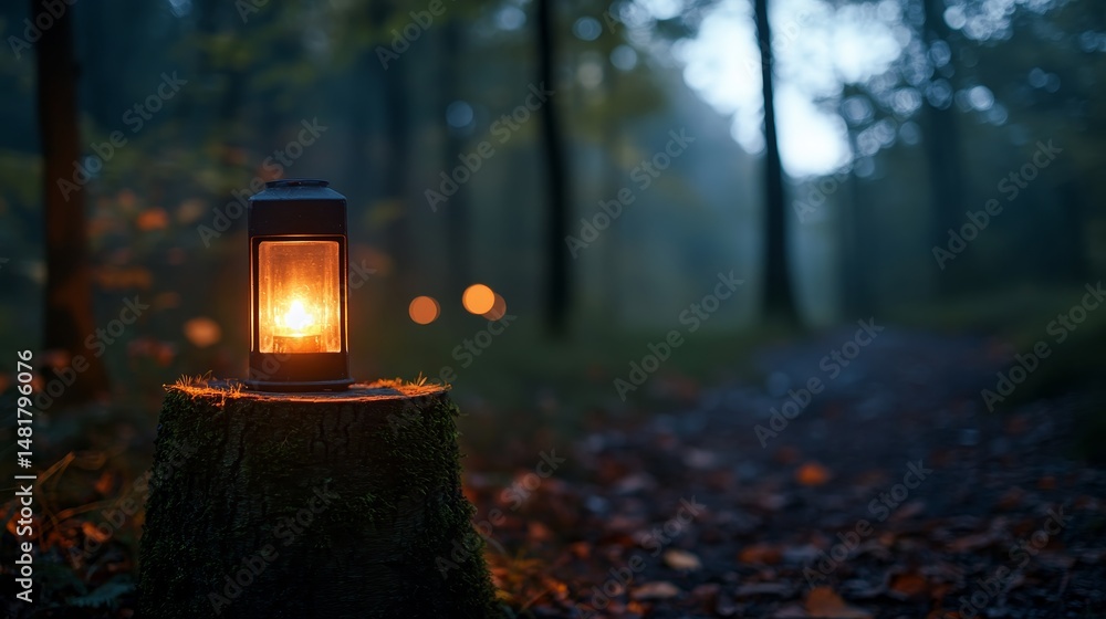 Poster a rustic lantern on a moss-covered stump casts a warm glow along a narrow forest trail, blending wit