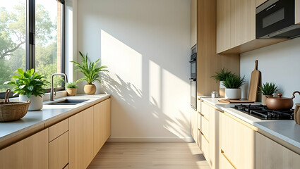 Serenely Lit Ecofriendly Kitchen Interior with Sleek Wooden Cabinetry and Green Potted Plants Near Window Showcasing Sustainable Design Elements