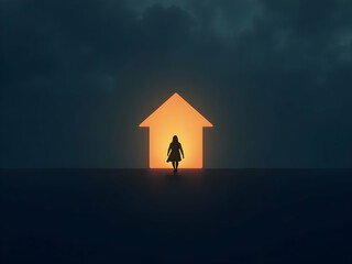 Silhouette of a woman walking towards a brightly lit house shaped doorway, contrasting with the surrounding night and a sense of warmth and security prevails