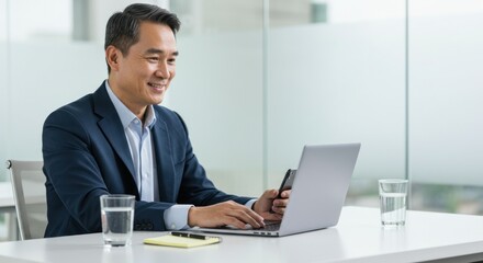 Confident executive engrossed in his work using a laptop in bright workspace