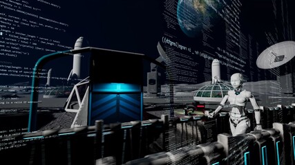 illustration of futuristic lunar outpost or research station overlaid with scrolling lines of computer code and digital information. The scene features robotic figures, lunar vehicles, and dome-like s