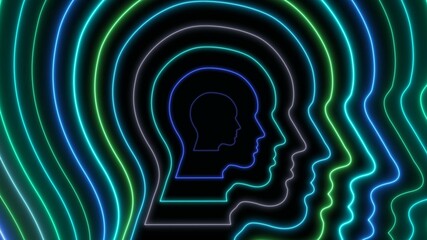 illustration of series of nested head silhouettes in profile, outlined by vibrant, glowing neon lines in shades of turquoise, blue, white, and green