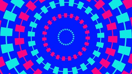 illustration of concentric circles of rotating geometric shapes against a vibrant blue background. The shapes alternate between teal plus signs and red rectangles