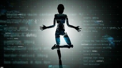 illustration of silhouetted humanoid robot figure in a meditative or balanced yoga pose against a backdrop of scrolling computer code and digital data streams