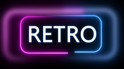 illustration of word RETRO in bold white capital letters, perfectly centered within a rounded rectangular frame illuminated with vibrant neon blue and magenta