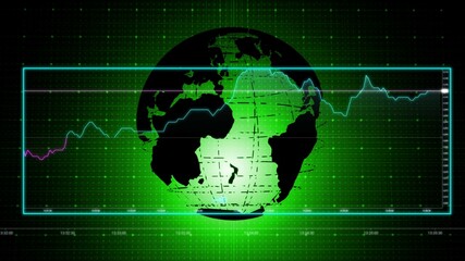 illustration of stylized, dark silhouette of the Earth centered against a vibrant green, grid-patterned background. A fluctuating line graph overlays the globe, visually representing data trends