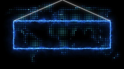 illustration features a bright, electric blue rectangular frame with a triangular top section, reminiscent of a stylized tag or banner