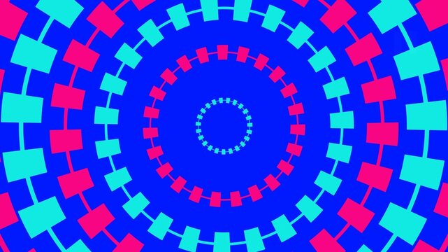 illustration of concentric circles of rotating geometric shapes against a vibrant blue background. The shapes alternate between teal plus signs and red rectangles