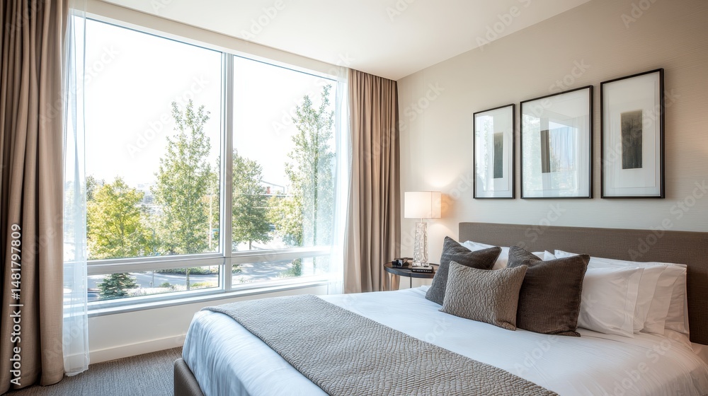 Poster spacious bedroom features large window letting in sunlight, layered bedding, and minimalist decor cr