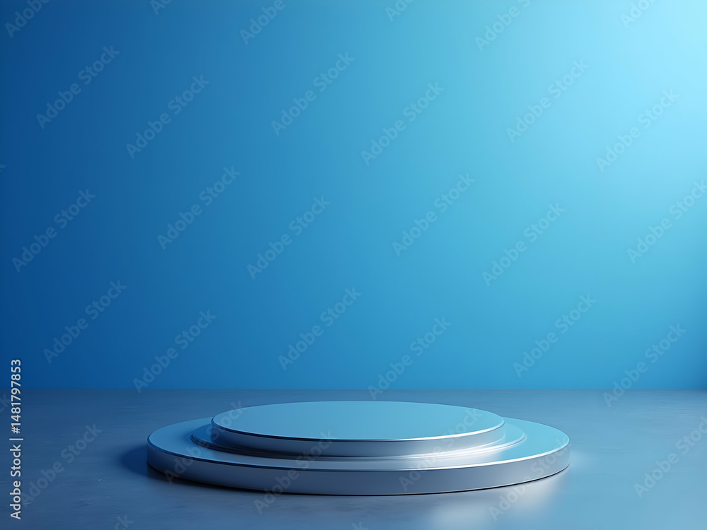 Poster sleek modern display podium with a vibrant blue gradient wall, perfect for showcasing futuristic pro