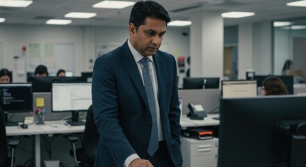 Focused executive overseeing modern office environment in deep thought, contemplating issues