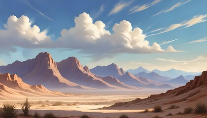 The vast desert landscape with beautiful mountains under the bright, cloud-filled sky.