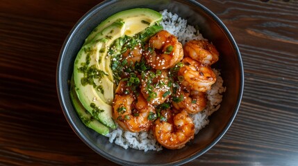 A top-down view captures a colorful bowl filled with spicy shrimp and fluffy rice, topped with fresh avocado slices and sesame seeds against a rich wooden background
