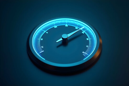 Sleek Modern Sales Performance Dial Illuminated with Neon Blue Light Showing Progress and Efficiency in Business Measurement and Achievement