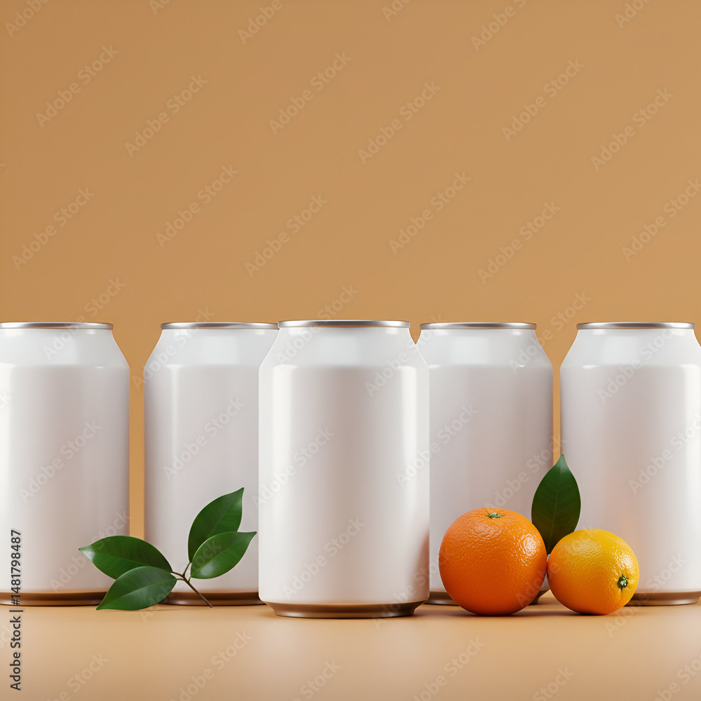 Poster white beverage cans with citrus fruits in a studio setting. blank cans in a row with oranges and lem