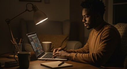 Focused african man coding on laptop late at night in a dimly lit room