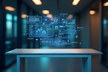 Sleek Modern Workspace with Holographic Data Visualization for Enhanced Productivity and Futuristic Collaboration in a Tech-Forward Environment