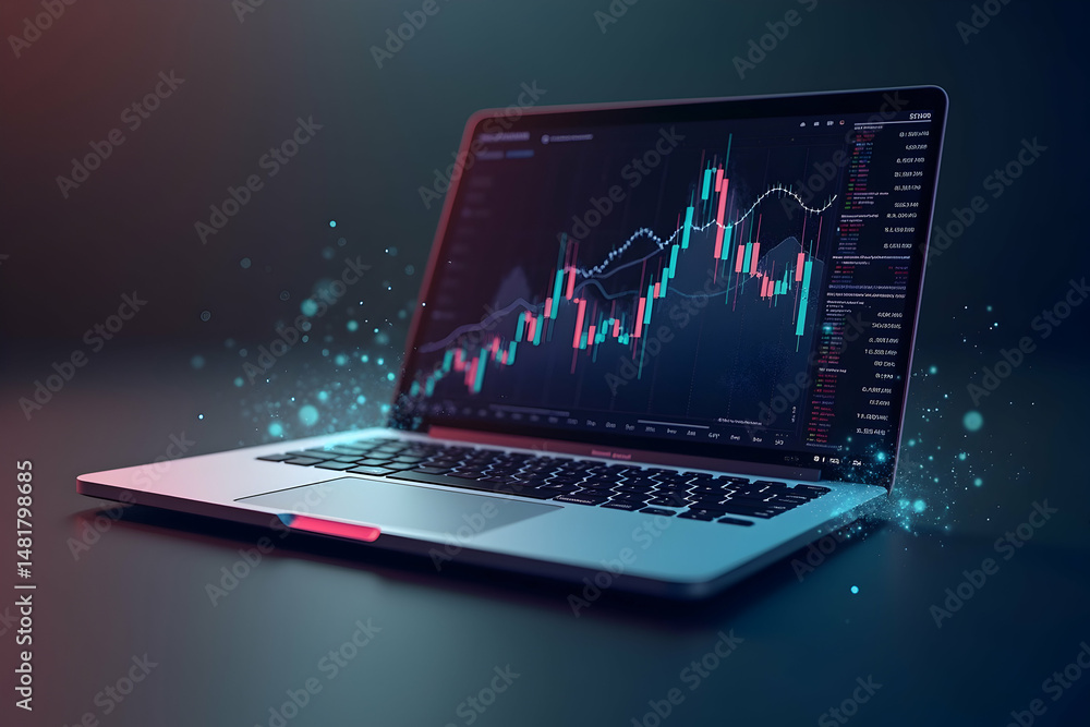 Poster sleek silver laptop displaying dynamic stock market charts and data analysis interface with futurist
