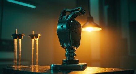 Futuristic bionics laboratory prototype hand on the workstation illuminated by lights