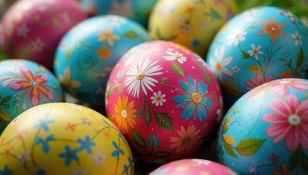 Close-up of intricately decorated Easter eggs Vibrant colors and patterns Festive spring decoration , decorated eggs, floral, festive eggs