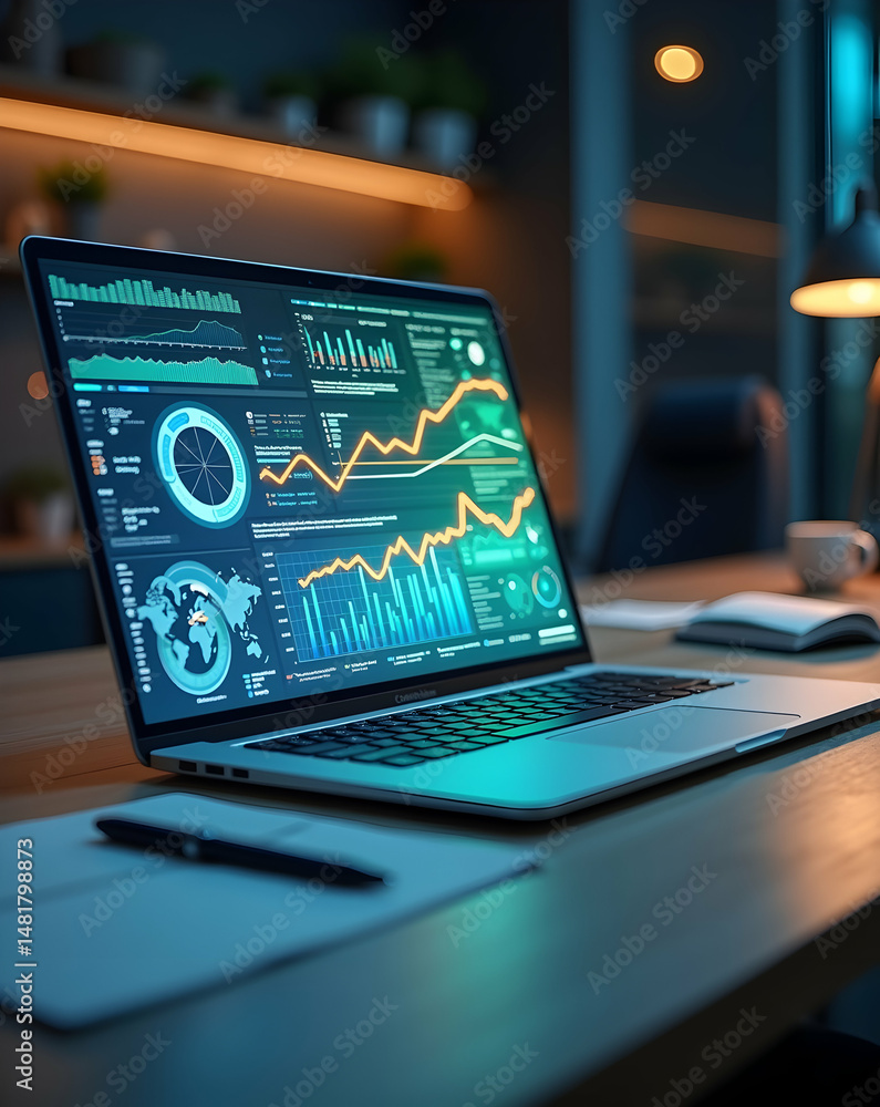 Poster sleek silver laptop displaying financial data charts and graphs on a high resolution lcd screen, pla
