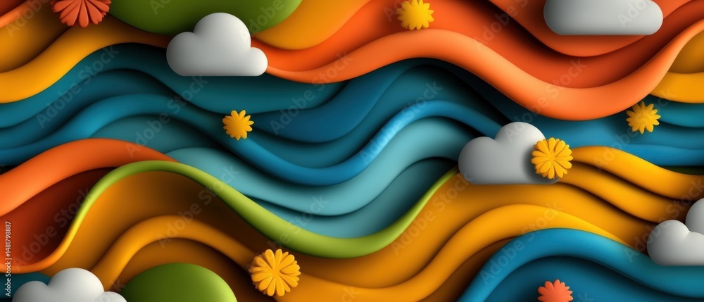 Poster abstract colorful wavy paper background with clouds and flowers in a layered paper art style