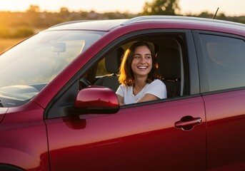 Photo of Young Woman Driving Red Car at Sunset