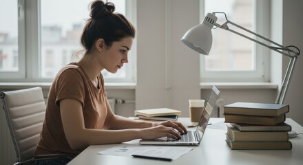 Focused young woman working on laptop at desk in bright modern workspace