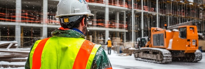 Construction worker wearing safety vest and hard hat on snowy job site building framework in background winter weather real estate development outdoor