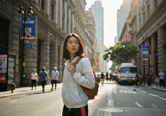 Fototapeta premium Photo of Young Woman Exploring City Street